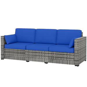 3-Seater Outdoor Sofa with Cushions, PE Rattan Conversation Patio Couch with Pillows for Garden, Poolside, Blue