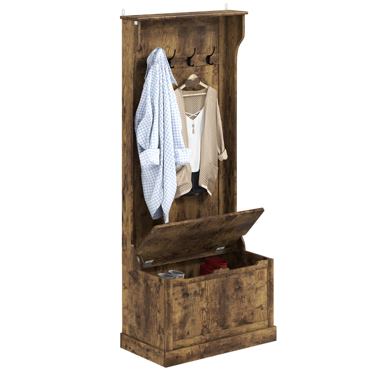 4-In-1 Hall Tree with Coat Rack, Top Shelf, Shoe Storage and Bench Seat, Entryway Bench with 4 Hooks