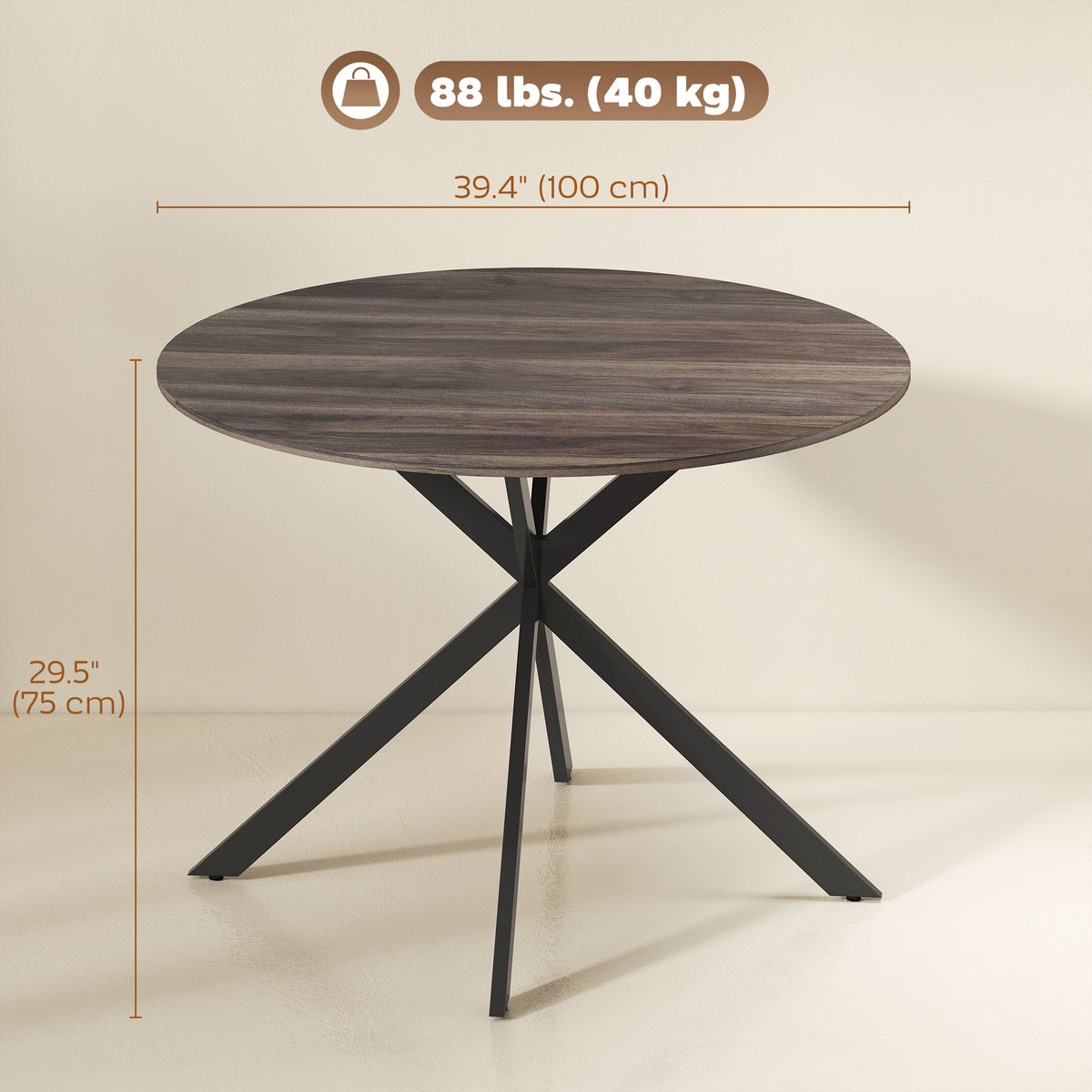 40" Round Kitchen Table for 4, Industrial Dining Table with Steel Legs for Dining Room, Distressed Brown