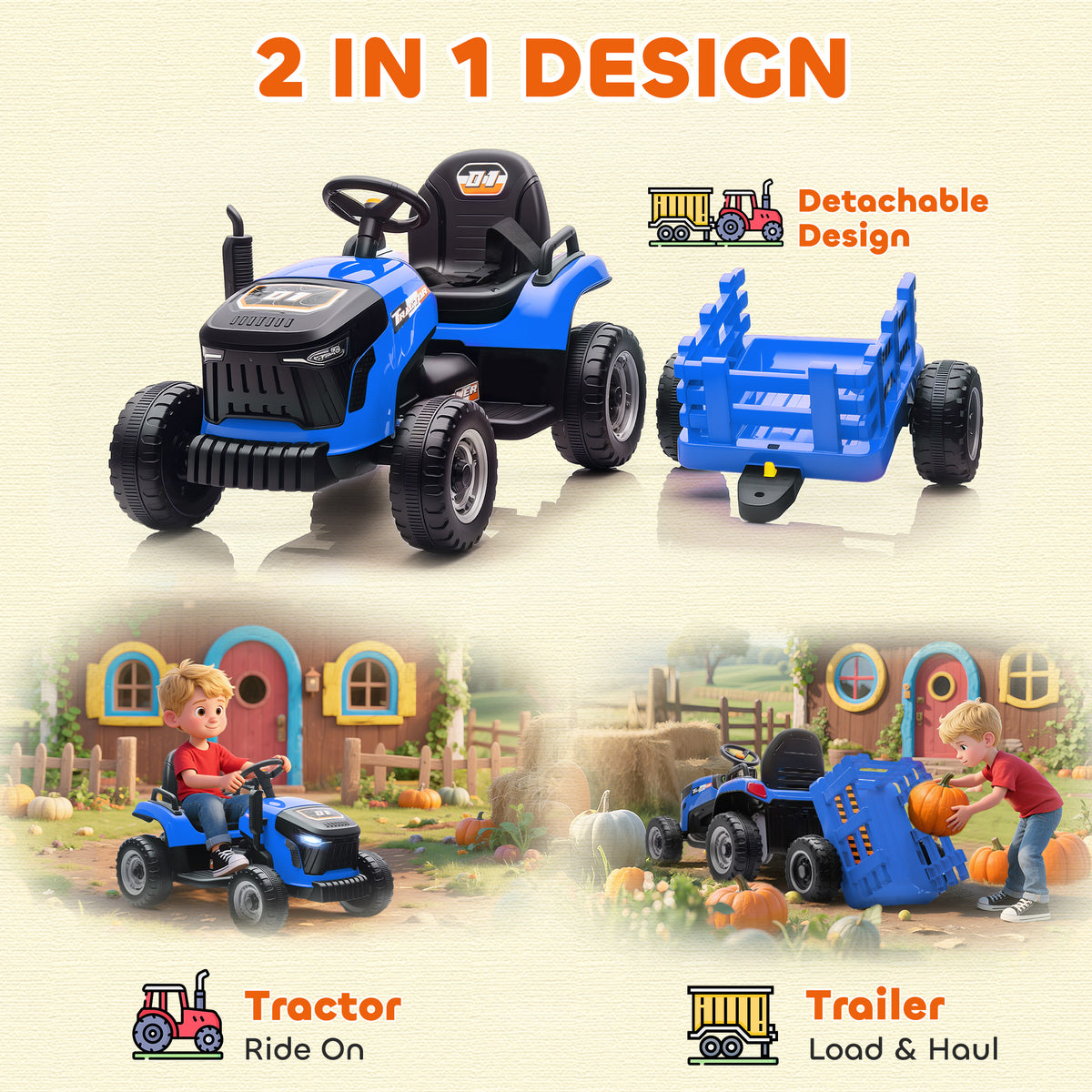 Qaba 12V Kids Ride On Tractor with Trailor, Remote Control, Music, Lights, Shifter, for Kids Ages 3-8 Years