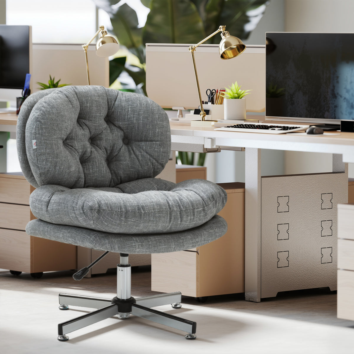 Computer Desk Chair, Armless Office Chair with Wide Padded Seat and Adjustable Height, Cream White – view 13
