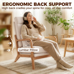 Modern Accent Chair, Linen Armchair with Lumbar Pillow, High Back, Wide Seat, Thick Cushion, Solid Wood Frame, Cream White