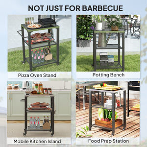 3-Shelf Outdoor Grill Cart Table with Side Handle, Stainless Steel Pizza Oven Stand on Wheels, Black – view 20