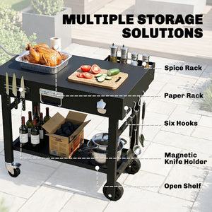 Outdoor Grill Cart, Folding Grill Table with Magnetic Knife Holder, Hooks, Spice Rack, Paper Rack, Black
