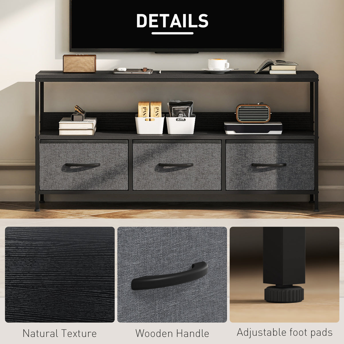 TV Stand with Charging Station, TV Table with 2 Foldable Linen Drawers and Open Shelf for 47 Inch – view 19
