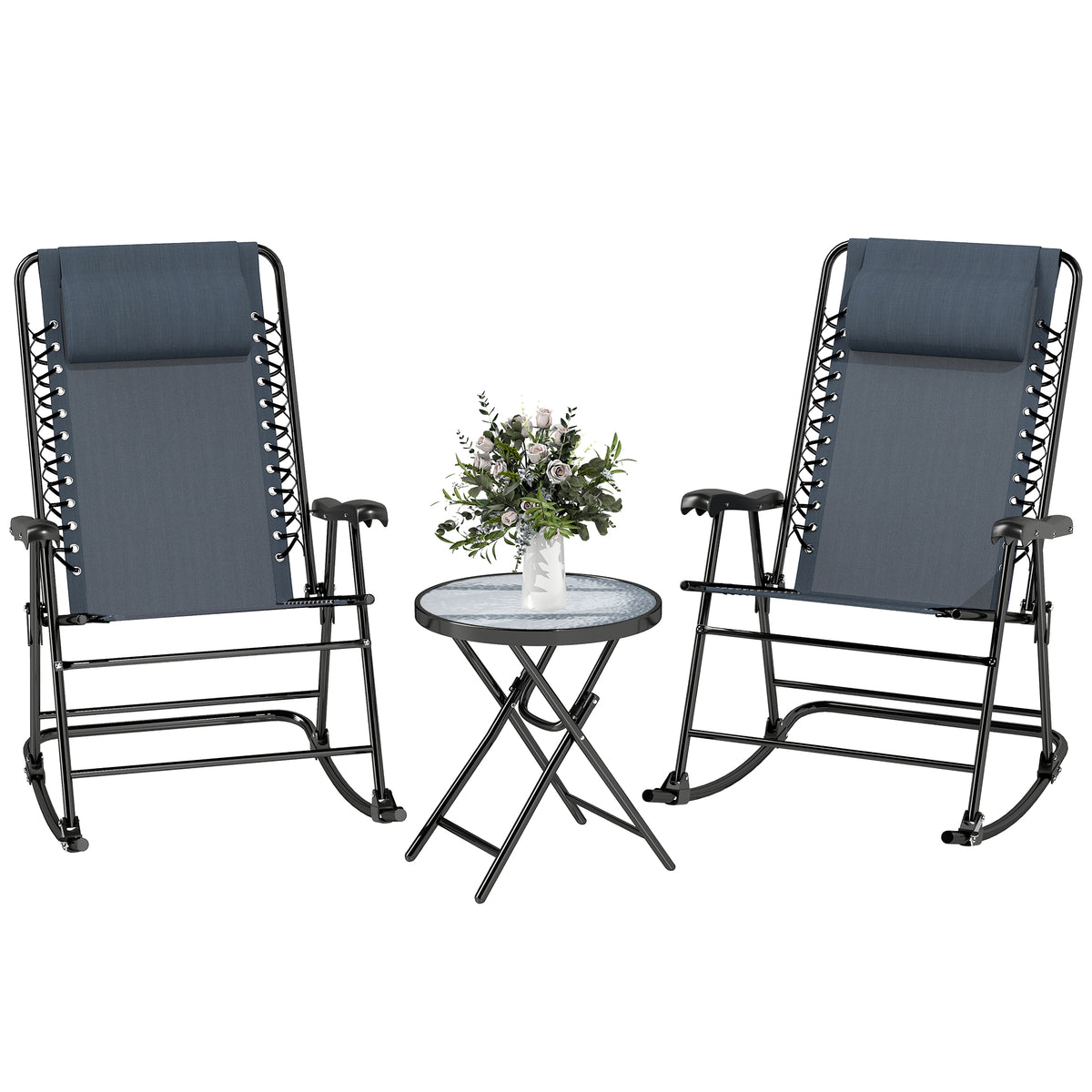3pc Patio Rocking Chair Set, Folding Outdoor Rocking Chairs and Table Bistro Set w/ Breathable Mesh Seat – view 8