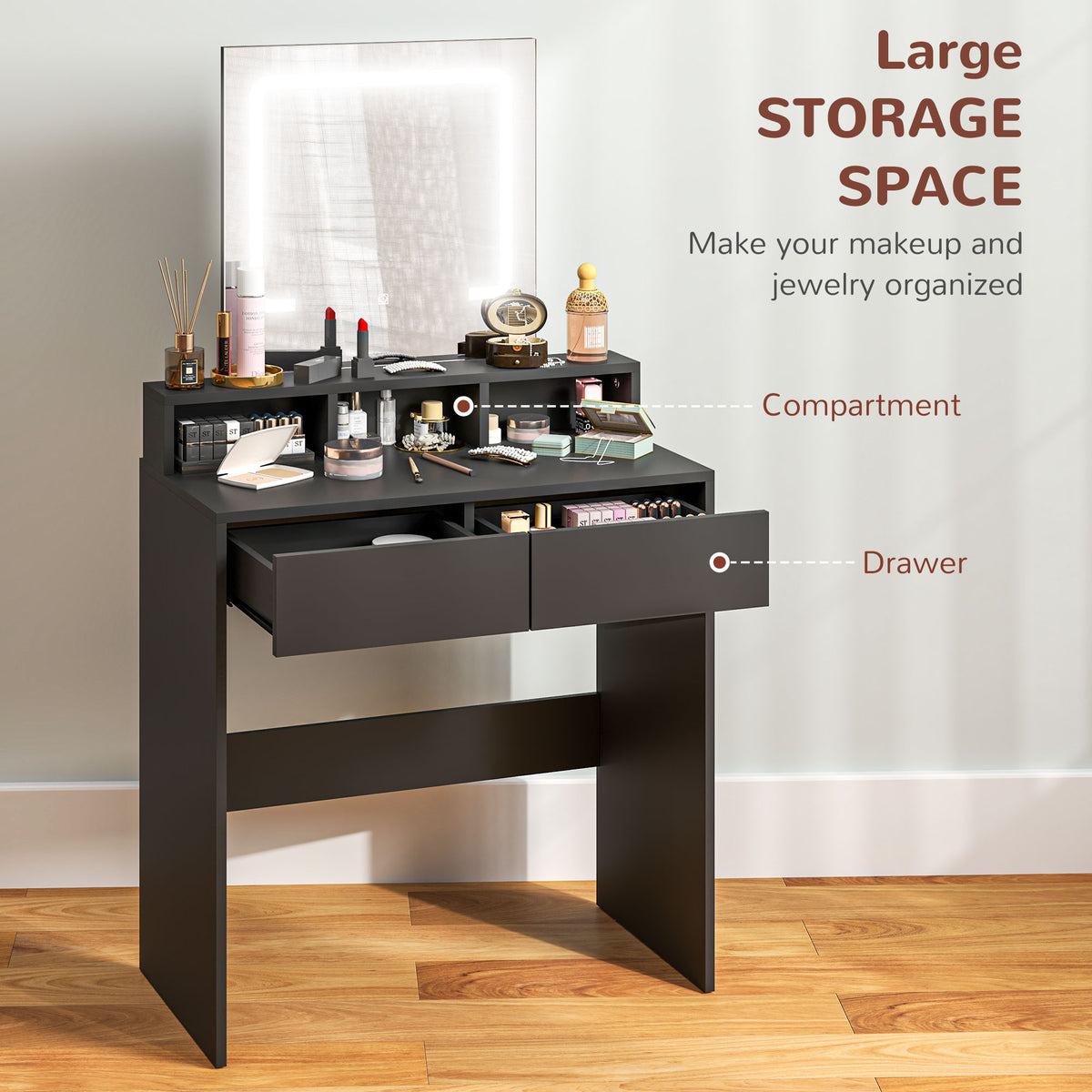 Makeup Vanity Desk with Mirror and LED Lights, for Bedroom, Modern Dressing Table with Drawers, Compartments, Black