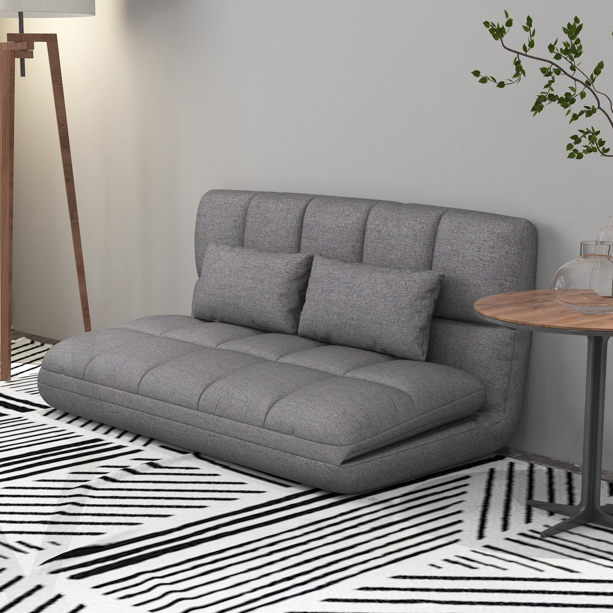 51" Folding Floor Sofa, Foldable 2-Seater Lazy Sofa Sleeper Bed, Adjustable Linen Floor Couch with 9-position Backrest, 2 Pillows and Wide Seat for Living Room, Grey