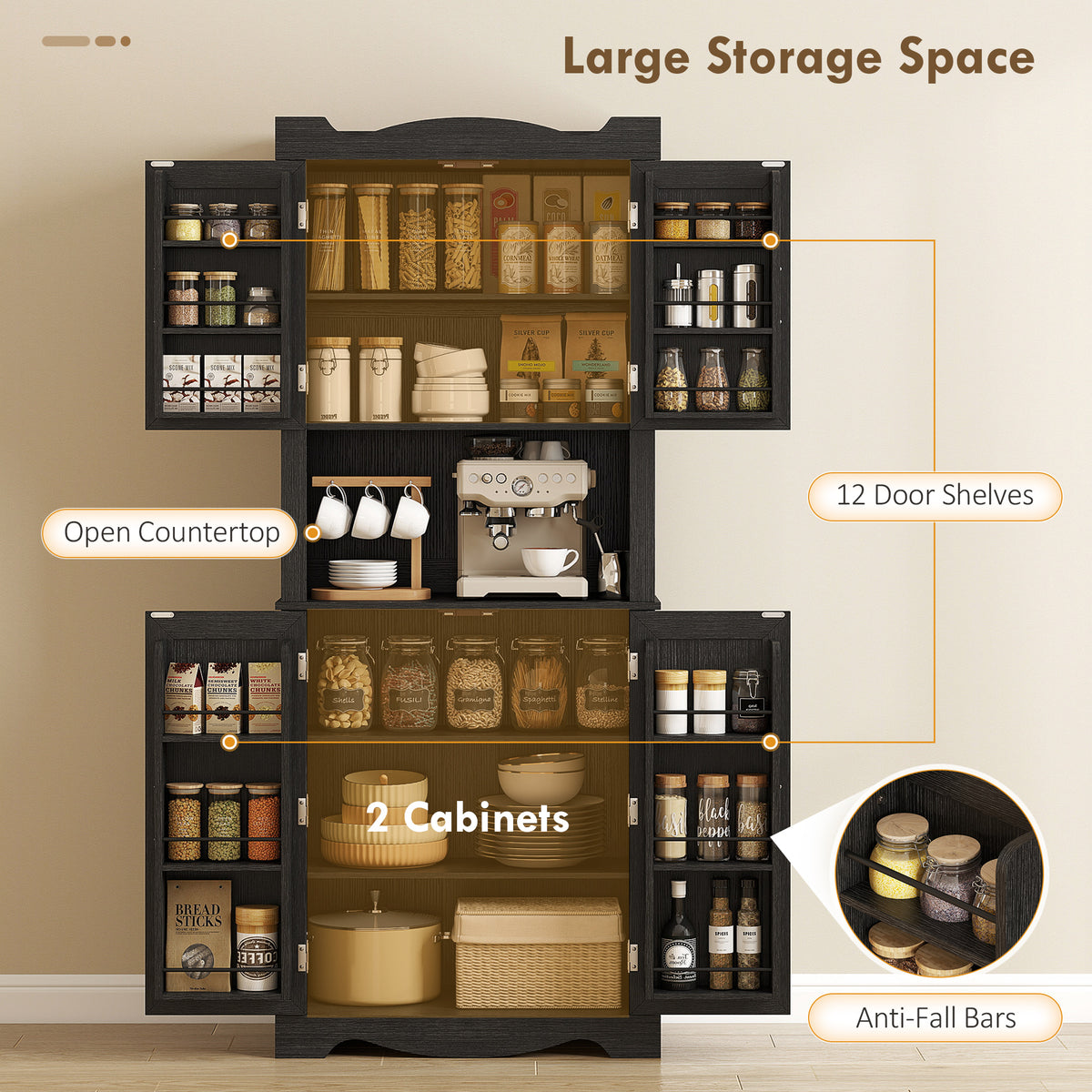 73" Kitchen Pantry Cabinet, Freestanding Kitchen Hutch with 12 Door Shelves, Adjustable Shelves – view 3