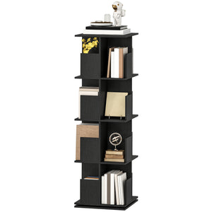 360° Rotating Bookcase with Anti-Tipping Straps, Anti-Slip Foot Pads, 4 Tier Bookshelf with 16 Cubbies for Books, Plants, Decorations, Black