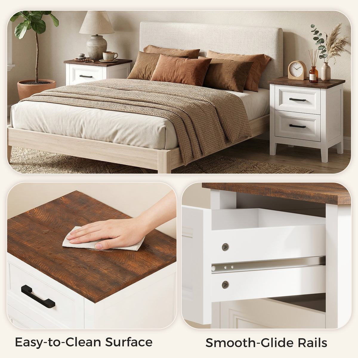Farmhouse Nightstand Set of 2, Bedside Tables with 2 Drawers, Wood-Effect Top, White