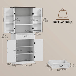 71" LED Kitchen Pantry Cabinet, Farmhouse Storage Cabinet with Door Shelves, Distressed White