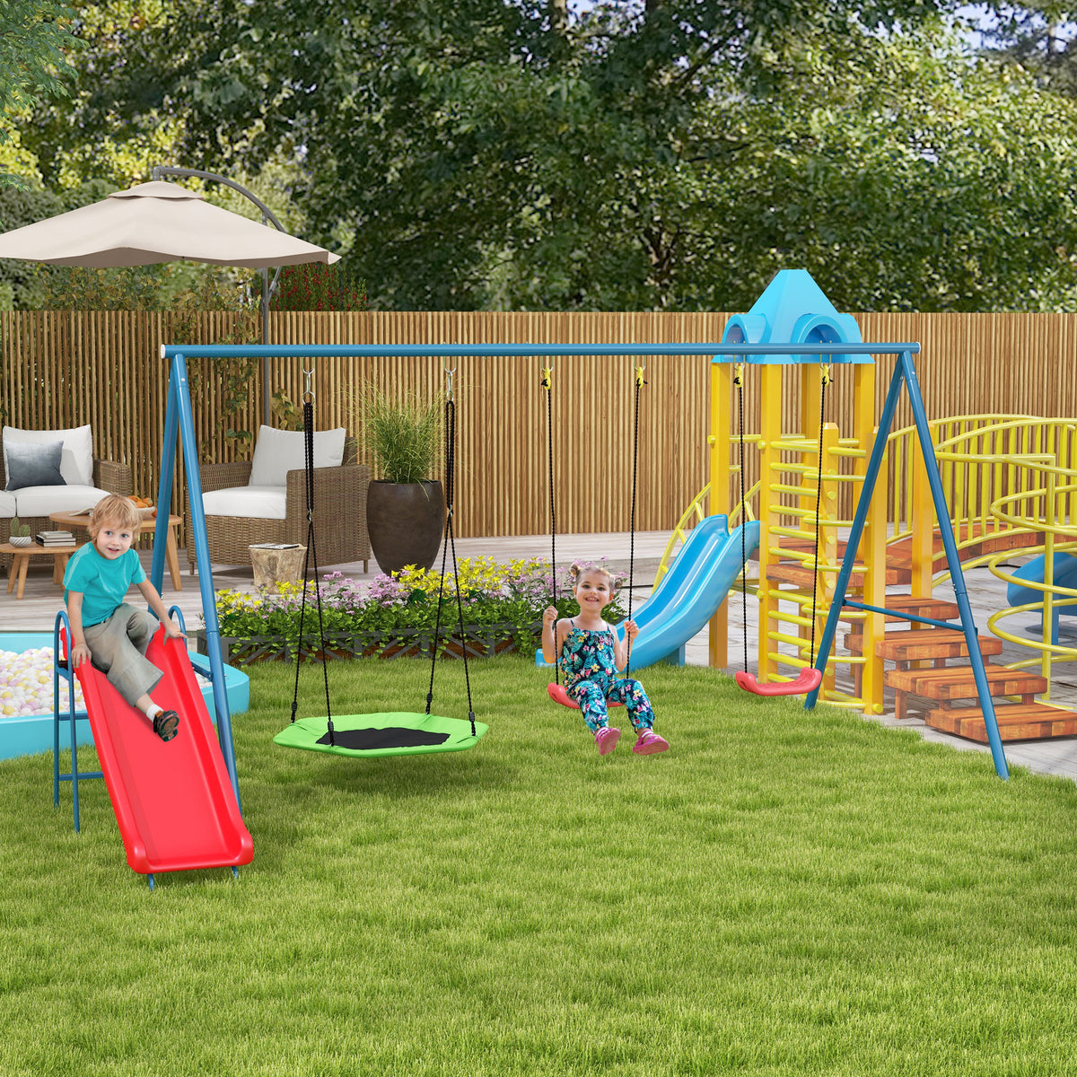 Metal Swing Set for Backyard, 4 in 1 Design with 1 Nest Swing, 2 Seats, 1 Slide, Holds Up to 352 lbs. for Ages 3-8