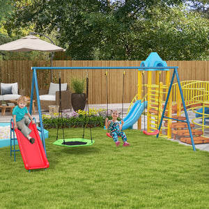Metal Swing Set for Backyard, 4 in 1 Design with 1 Nest Swing, 2 Seats, 1 Slide, Holds Up to 352 lbs. for Ages 3-8