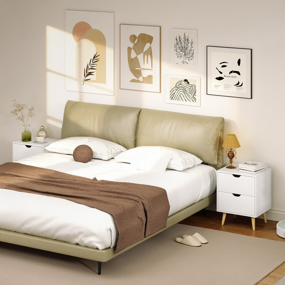 Modern Bedside Table, Nightstand with 2 Drawers and Pine Wood Legs for Bedroom, Living Room, White – view 27
