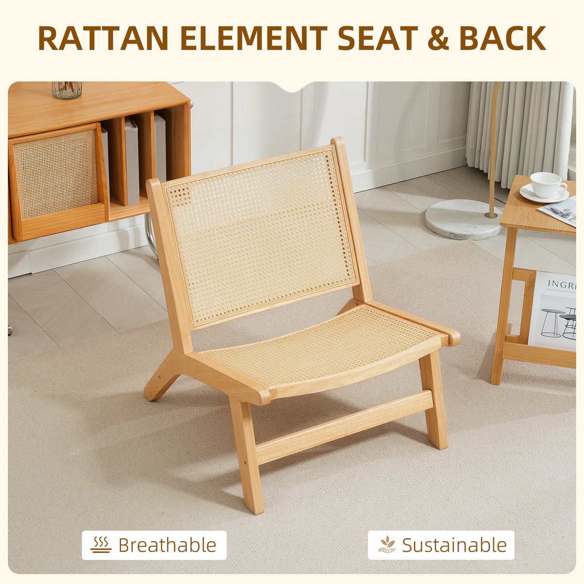 Rattan Accent Chair, Mid-Century Leisure Chair with Rubber Wood Frame, for Bedroom Living Room, Natural