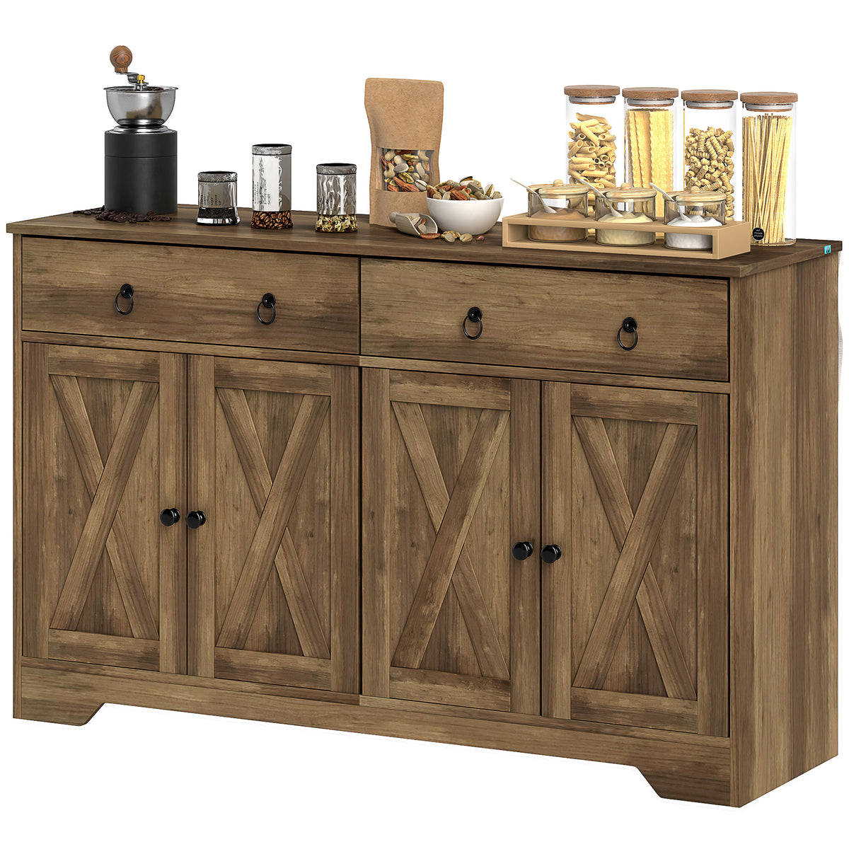 Sideboard Cabinet with 2 Drawers, 4 Barn Doors and 2 Adjustable Shelves, Buffet Table for Living Room, Black – view 8