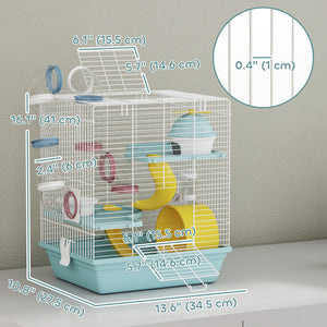 3-Level Hamster Cage with Exercise Wheel, Play Tube, Water Bottle, Food Dish, Hut, Ladder, Blue