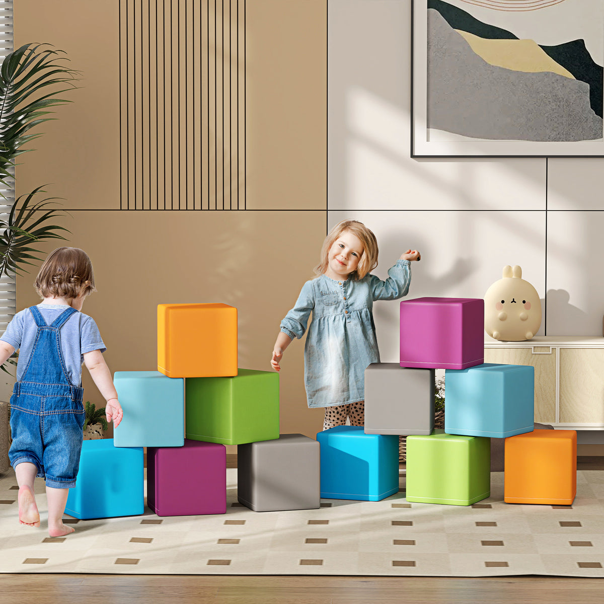 Soozier 12 Piece Soft Play Blocks Soft Foam Toy Building And Stacking Blocks - Multicolours
