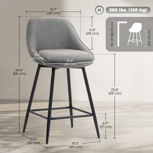 26" Counter Height Barstools Set of 2, Upholstered Swivel Bar Stools with Backrests and Armrests, Dark Grey – view 2
