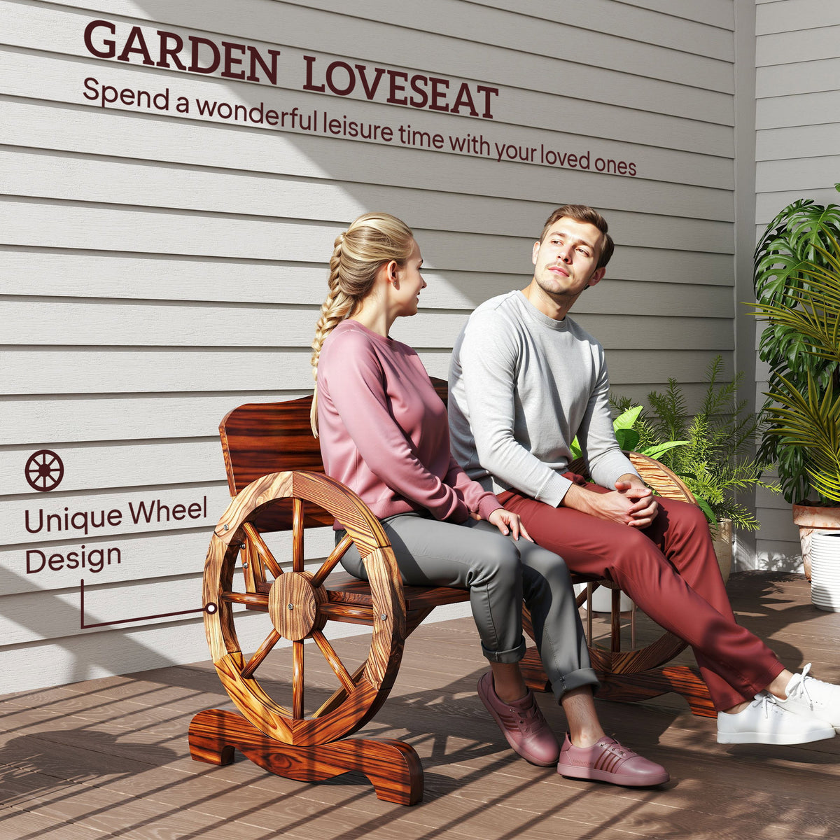 Wooden Outdoor Bench, Garden Patio Loveseat with Wagon Wheel Armrests, 528LBS Capacity, Carbonized