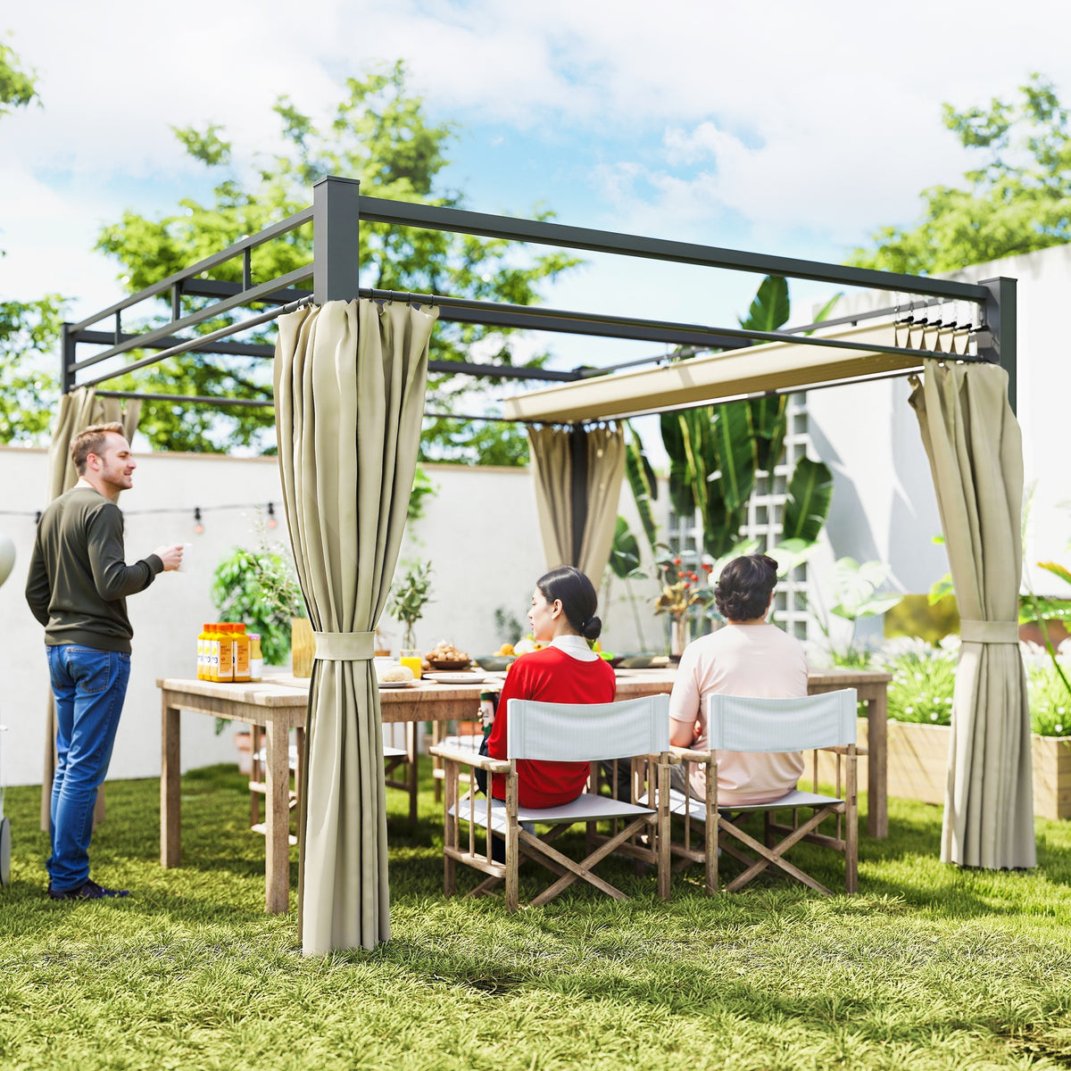 10' x 10' Outdoor Gazebo, Retractable Pergola Canopy with Curtains, UPF30+ Free Standing Metal Pergola Kit – view 7