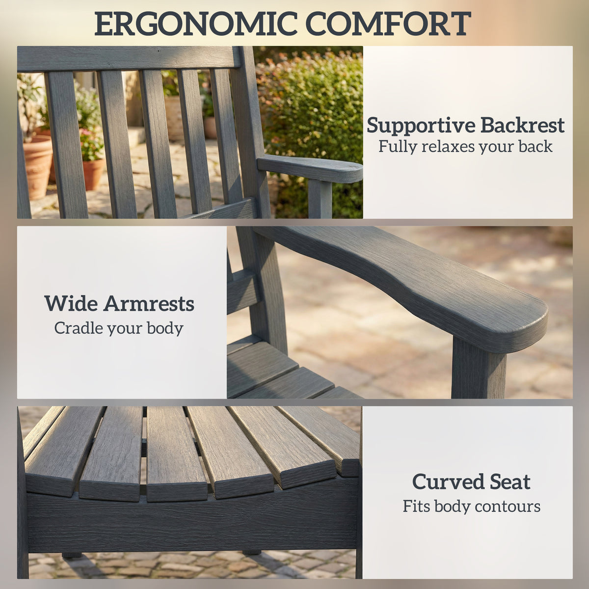 Outdoor Bench, HDPE Weatherproof Garden Bench, 2-Person Garden Seating with Slatted Seat