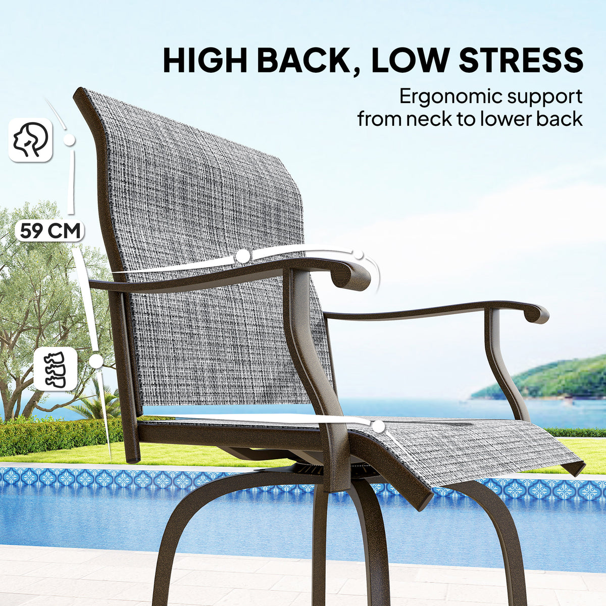 Outdoor Bar Stools Set of 2, Swivel Bar Height Chairs with High Back, Curved Armrests and Steel Frame, Black – view 19
