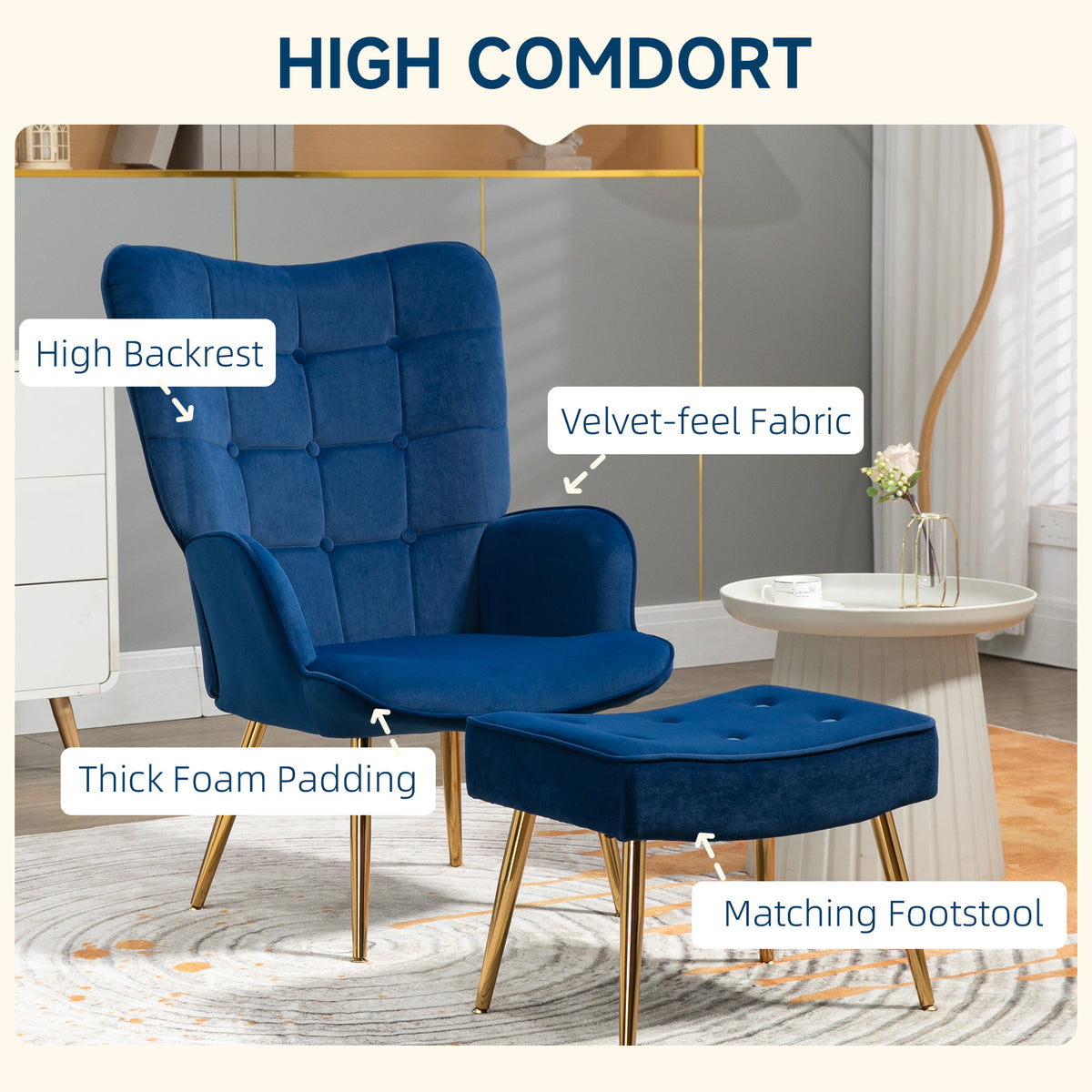 Modern Accent Chair with Ottoman, Upholstered Armchair with Footrest, Gold Metal Legs for Living Room, Bedroom, Dark Blue
