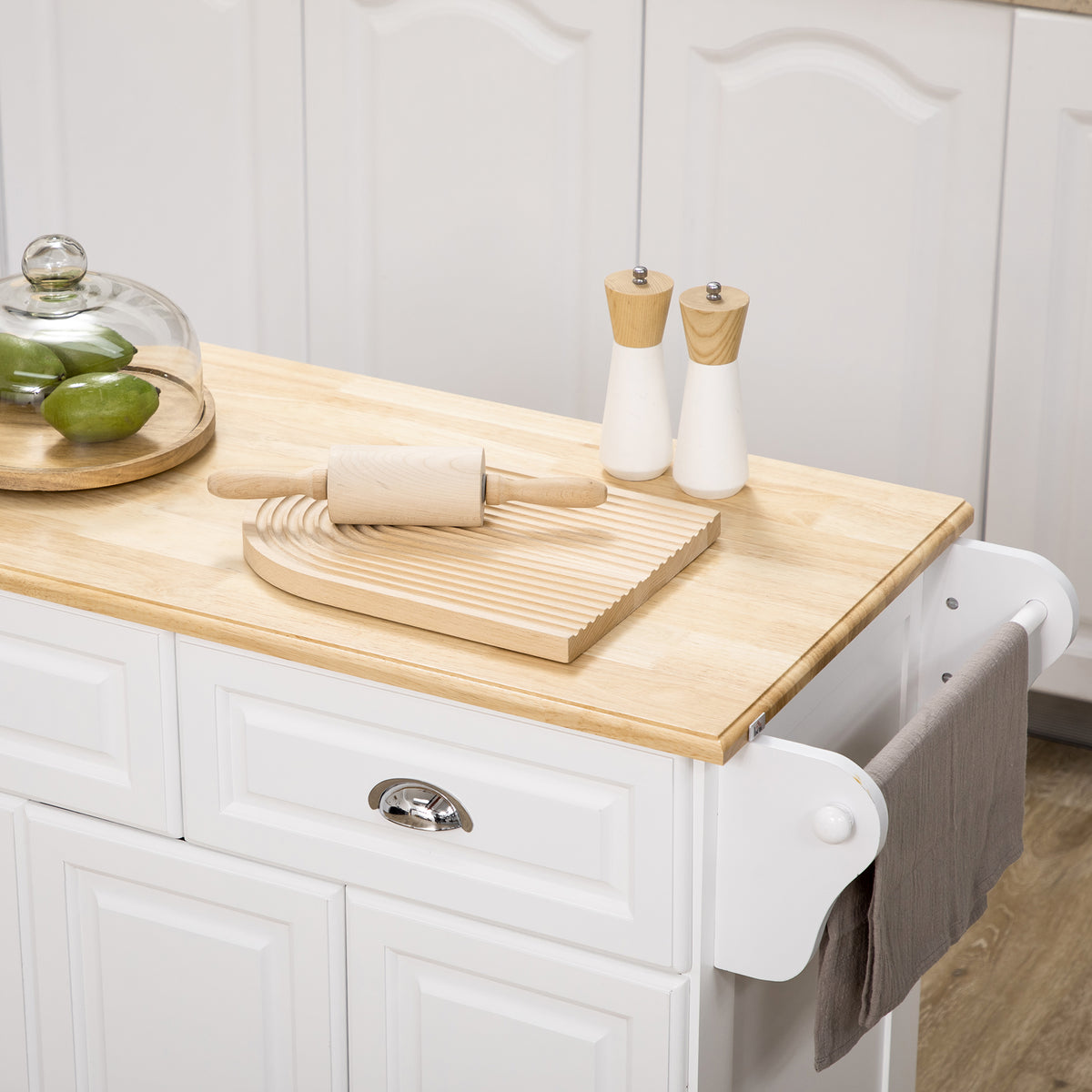 Kitchen Island with Storage Rolling Kitchen Serving Cart with Rubber Wood Top Towel Rack Storage Drawer – view 13