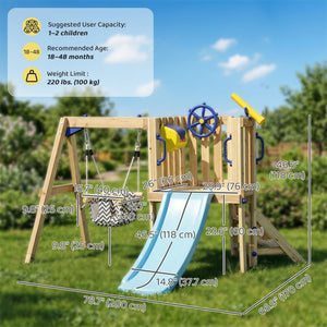 Wooden Kids Swing Set with Slide, Swing Seat, Captain's Wheel, Telescope, for Ages 18-48 Months, Natural