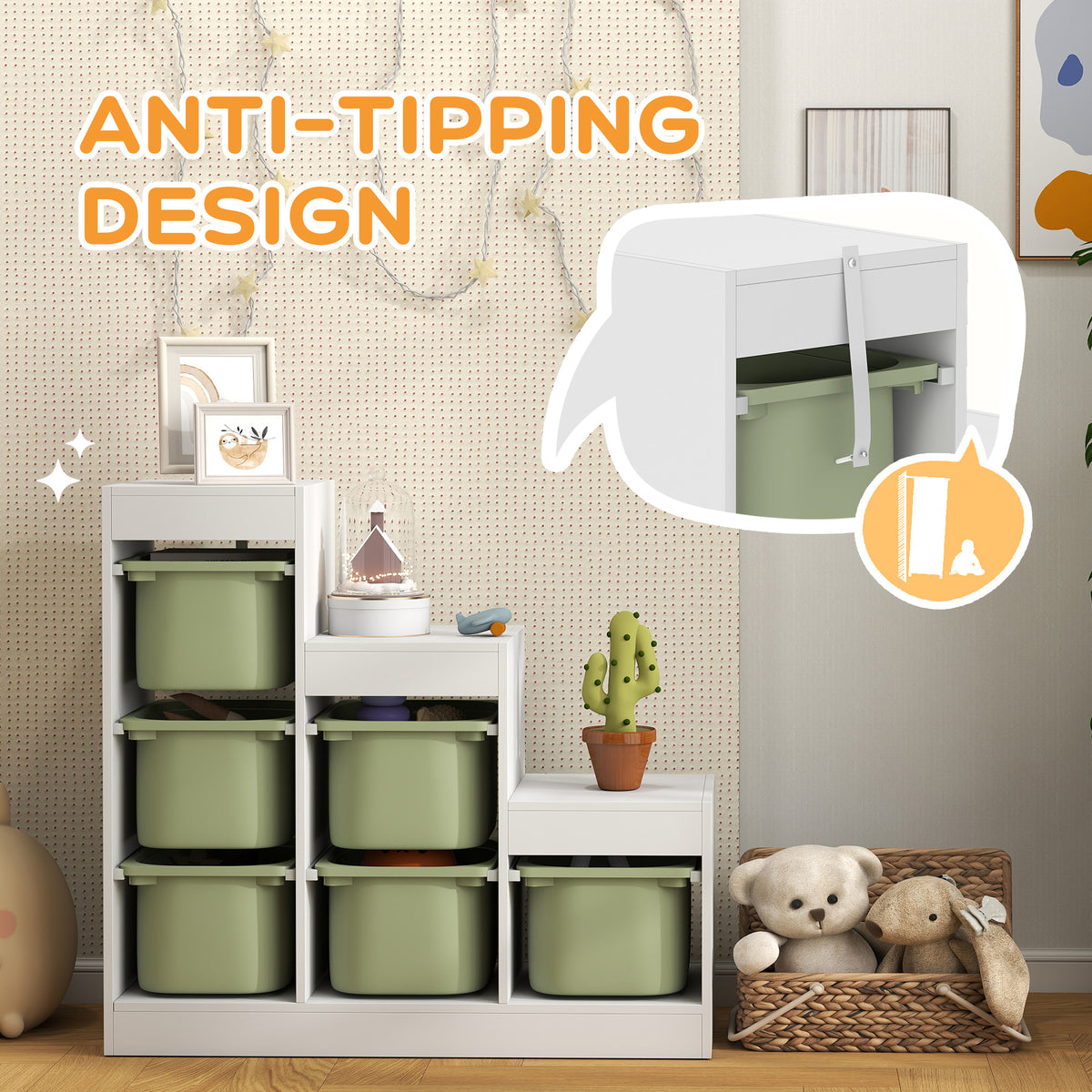Qaba 3 Layers Toy Storage Organizer Kids Bookshelf Children Toy Storage w/ 6 Plastic Bins