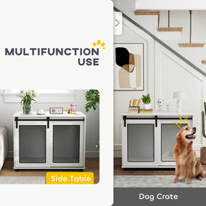 39" Dog Crate Furniture with Sliding Barn Door, Furniture Style Dog Cage End Table for Large Dogs, White