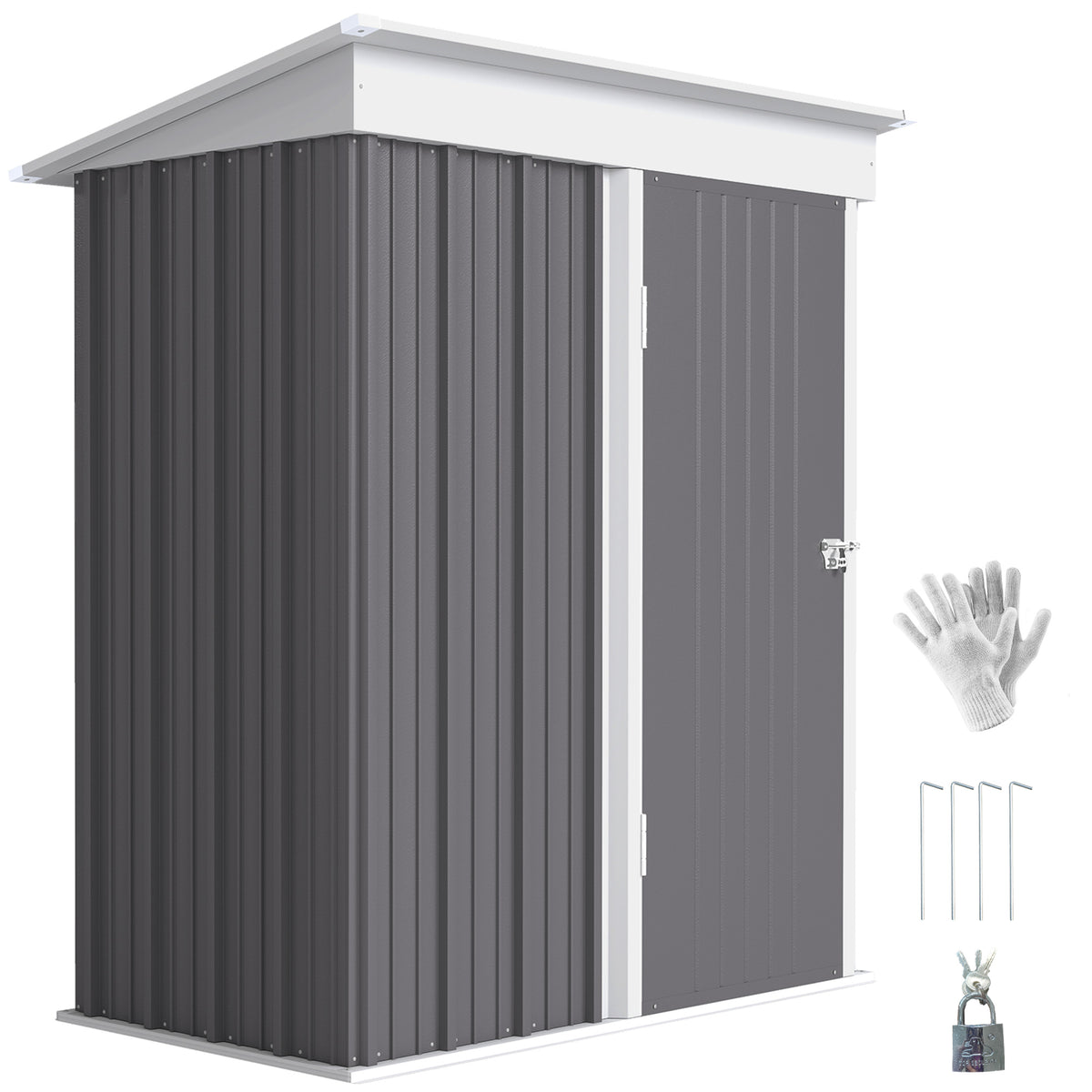 Outdoor Storage Shed, Steel Lean-to Shed with Adjustable Shelf, Lock, Gloves, 5'x3'x6', Grey