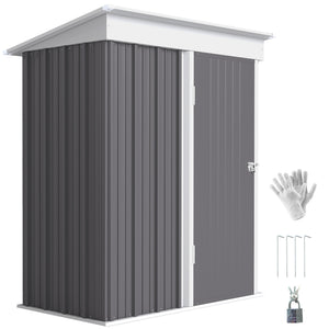 Outdoor Storage Shed, Steel Lean-to Shed with Adjustable Shelf, Lock, Gloves, 5'x3'x6', Grey