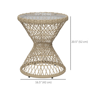 Wicker Outdoor Coffee Table, 18" Round Drum-Style Outdoor Patio Table with Tempered Glass Top, Light Brown