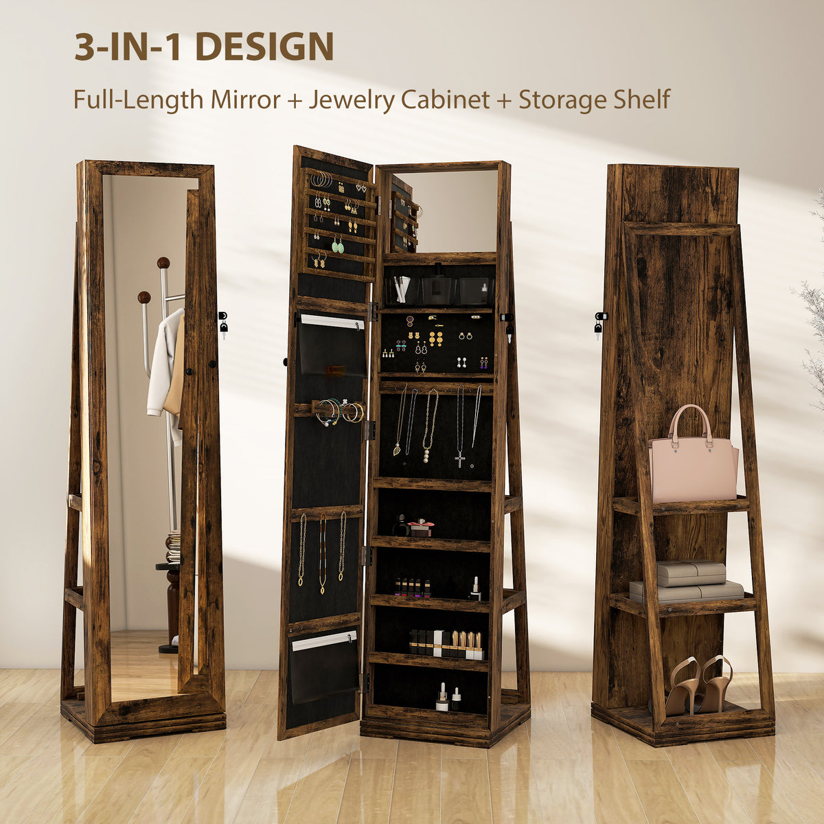 360° Swivel Jewelry Armoire, Lockable Mirror Jewelry Cabinet with Built-In Small Mirror, White – view 10