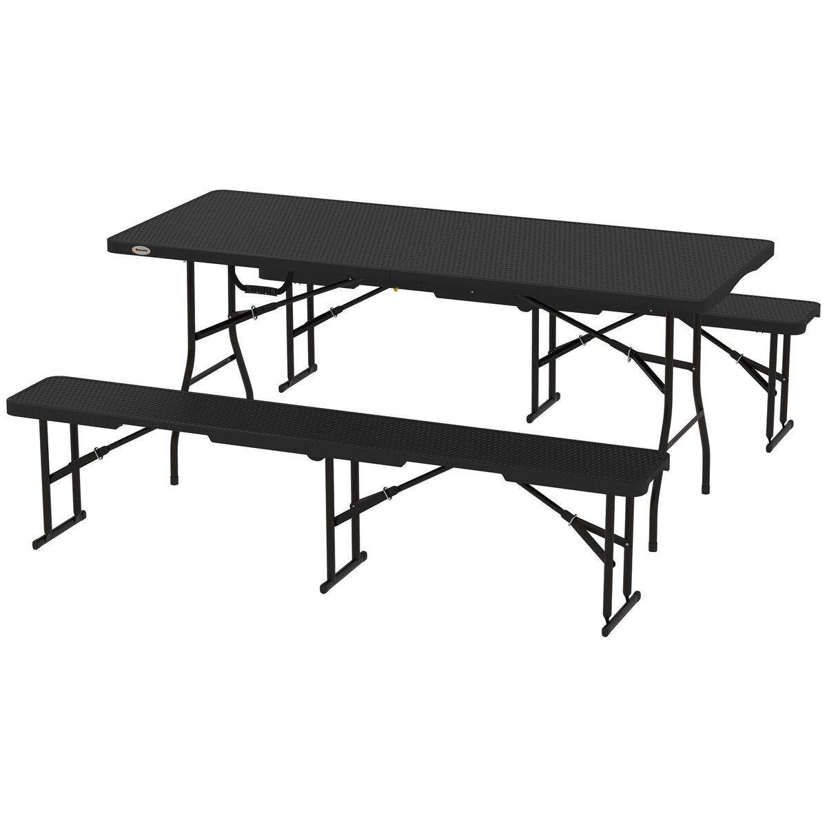6FT 3PCS Faux Rattan Outdoor Camping Table Bench Set with Carrying Handles, Folding Picnic Table with 2 Benches, Black
