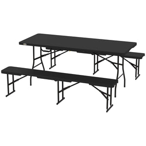 6FT 3PCS Faux Rattan Outdoor Camping Table Bench Set with Carrying Handles, Folding Picnic Table with 2 Benches, Black