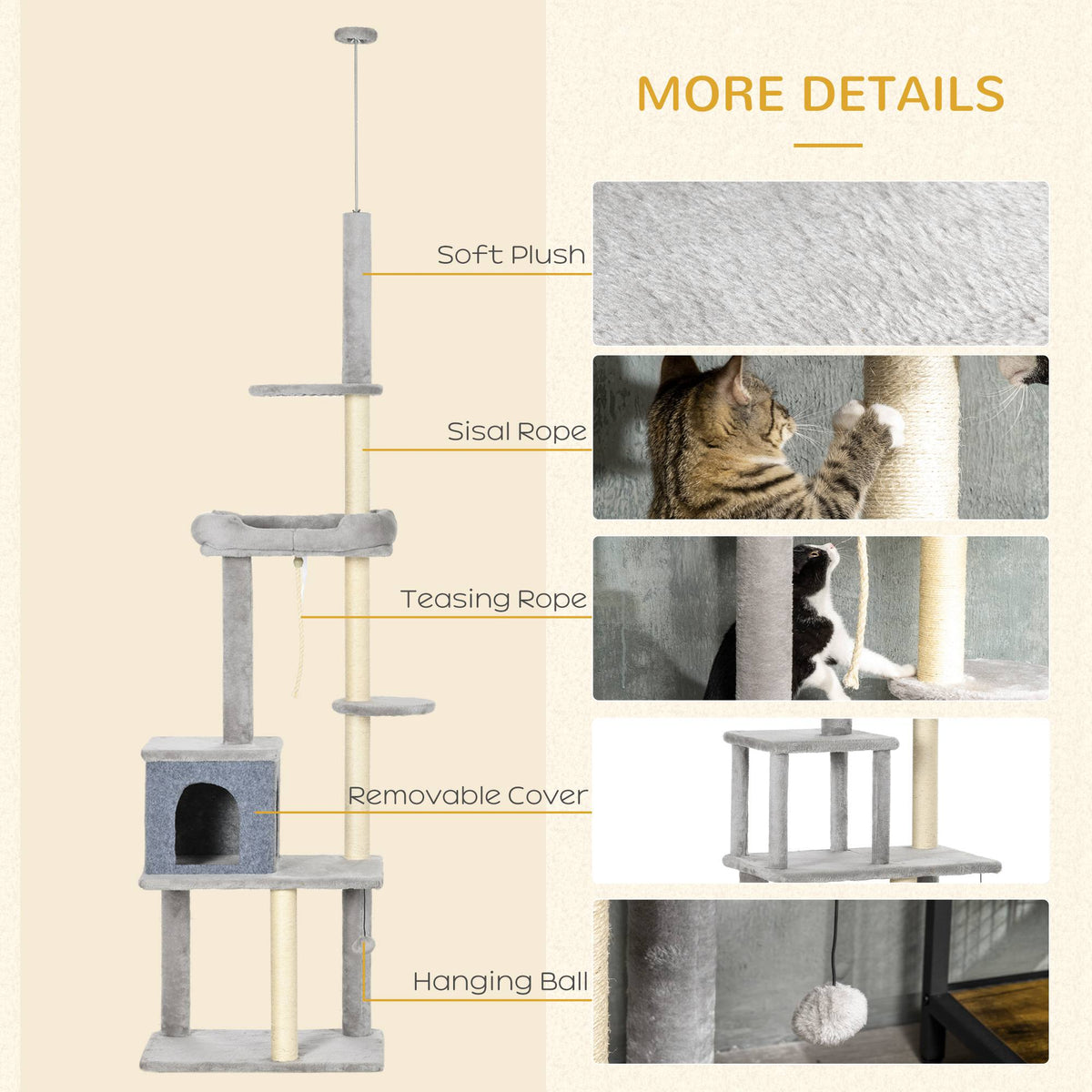 Cat Tree Floor to Ceiling Cat Tower Height Adjustable( 85-101 Inches), Tall Large Cat Climbing Activity Center with Scratching Posts Cat Condo Cozy Bed, Grey