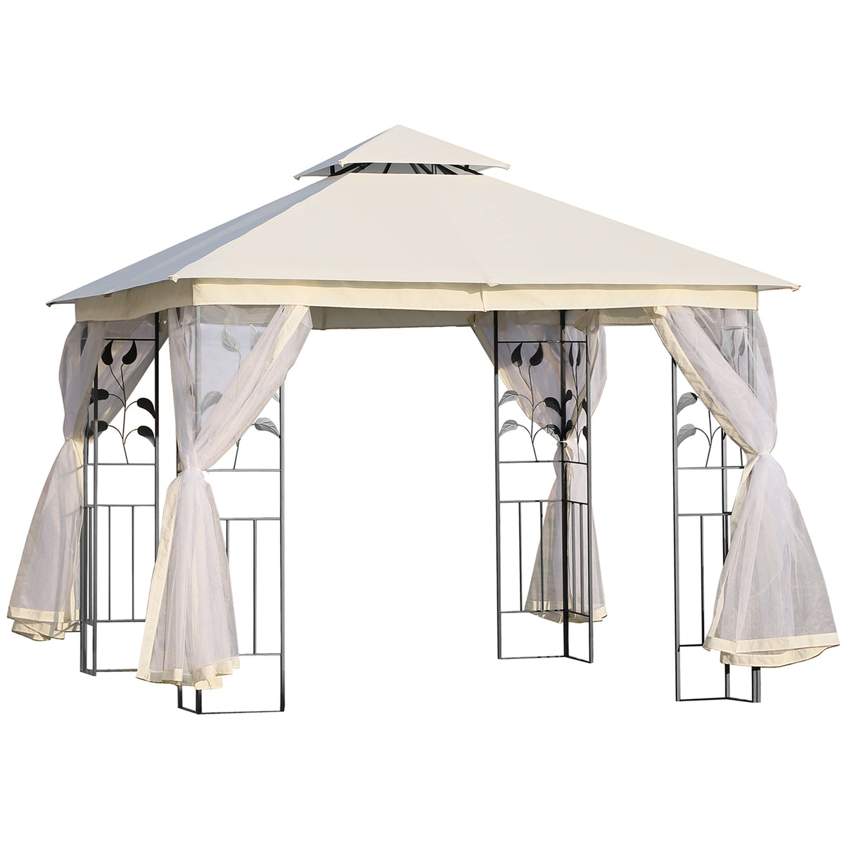 10'x10' Soft-top Steel Patio Gazebo Outdoor Sun Shelter with 2-Tier Polyester Roof, Curtain Sidewalls, Beige – view 8