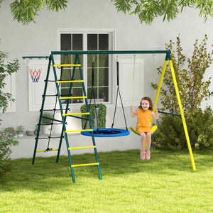 4 in 1 Swing Set for Kids with Saucer Swing, Seat, Climbing Ladder/Net, Basketball Hoop for 3-8 Years Old, Yellow