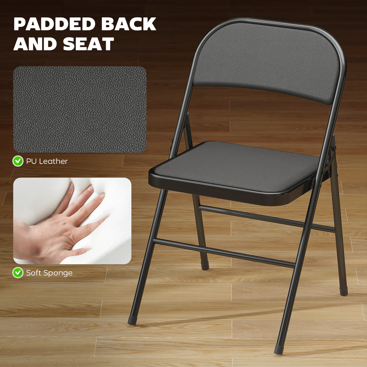 Set of 6 Metal Foldable Chairs, PU Leather Padded Folding Chairs with Cushion Seat and Open Back for Indoor, Black