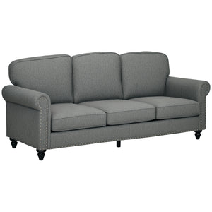 3-Seater Sofa Couch, 81" Modern Upholstered Linen Fabric Sofa with Rubberwood Legs, Nailhead Trim and Rolled Arms for Living Room, Bedroom and Apartment, Grey