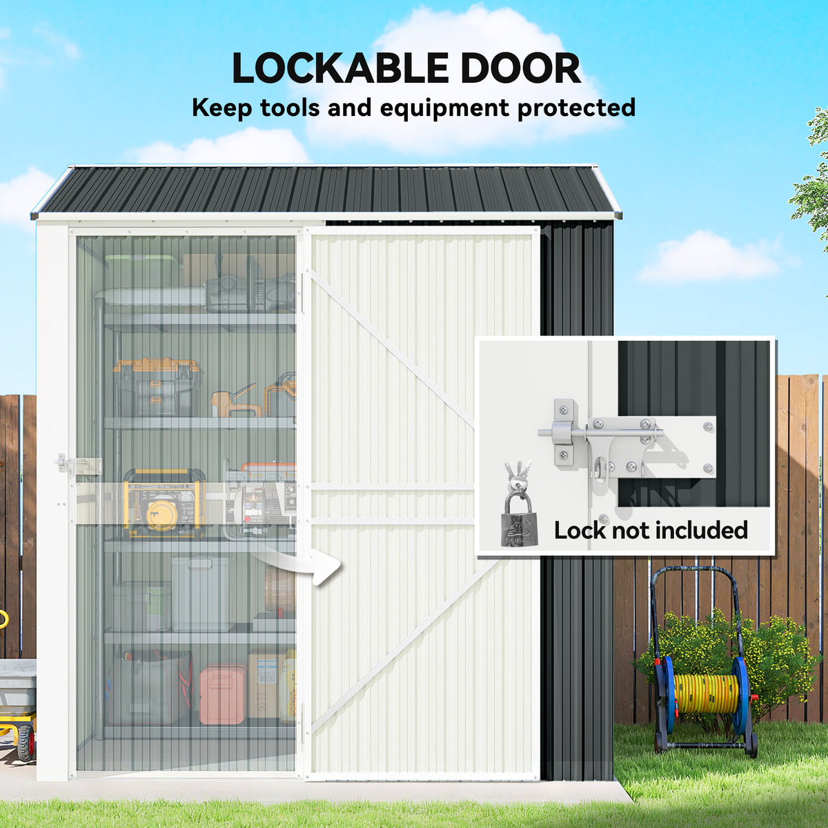 7' x 6' Tall Outdoor Storage Shed, Waterproof Metal Garden Shed with Gloves, Lockable Door, Dark Grey – view 5