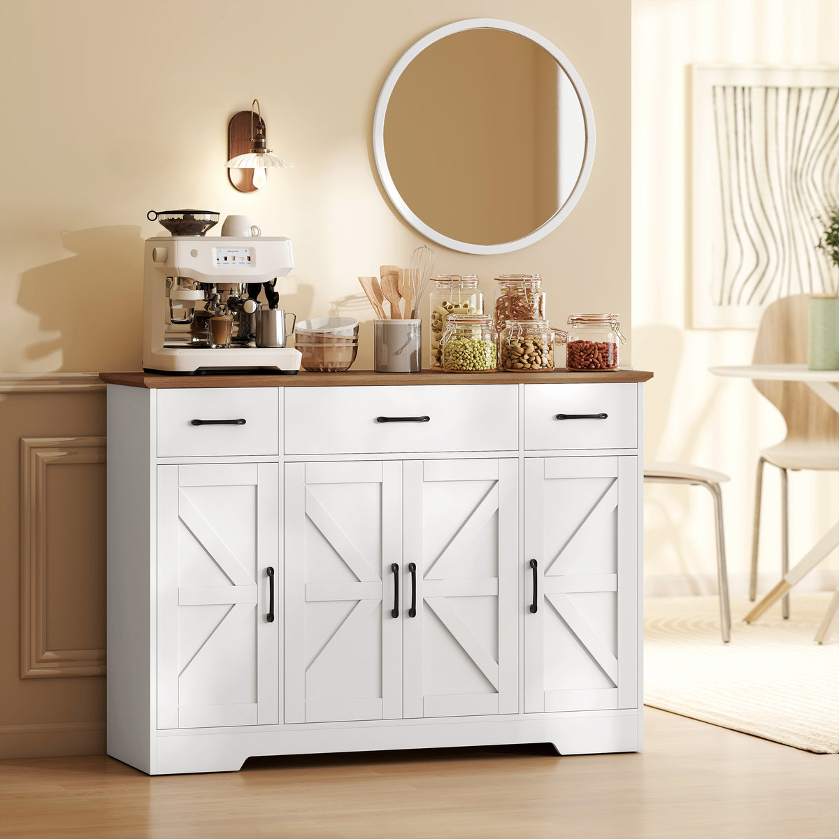 47" Buffet Cabinet with Soft-Close Hinges, Farmhouse Sideboard with 3 Drawers, Adjustable Shelves and Spice Racks, Black
