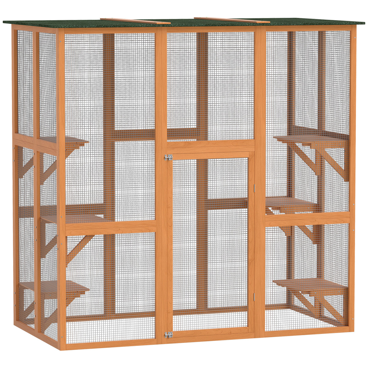 Large Outdoor Catio Enclosure, Weatherproof Cat House with Asphalt Roof,  Wooden Cat Patio Cage with 6 Balanced Platforms, 71" x 39" x 71", Grey