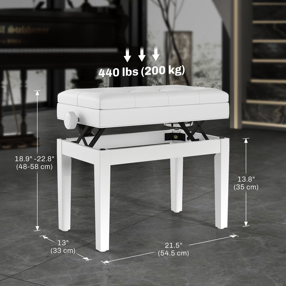 Adjustable Piano Bench with Storage and Soft PU Leather Padded, with Enough Music Storage Design, White