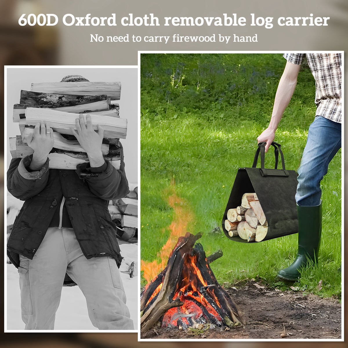 Outdoor Firewood Rack with Log Carrier, Heavy Duty Steel Wood Log Storage Stacker for Fireplace, Black