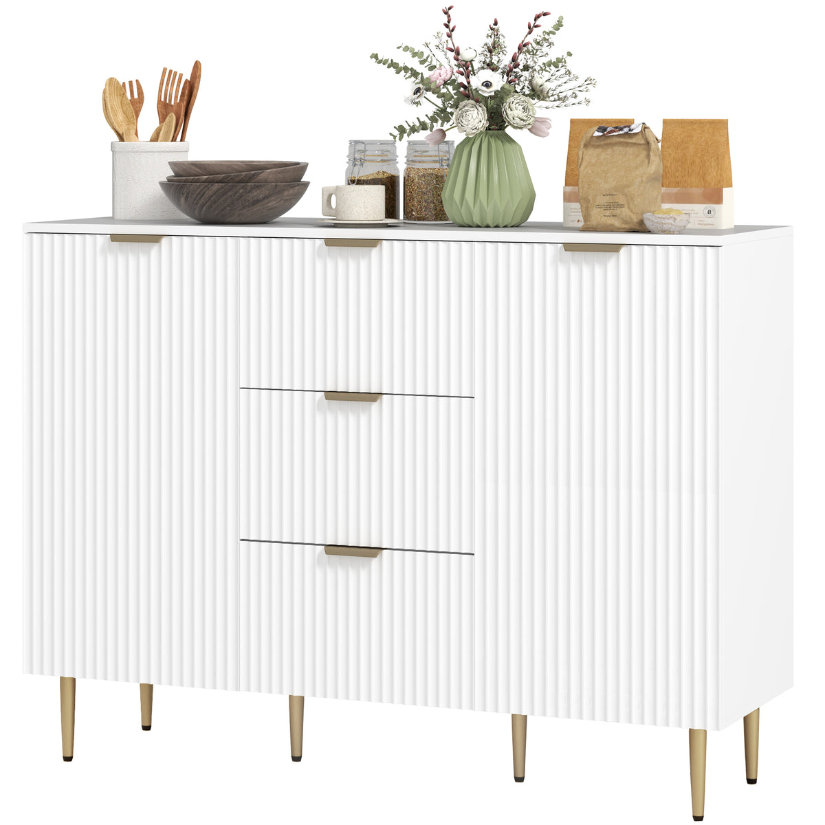 Modern Kitchen Storage Cabinet, Sideboard Buffet Cabinet w/ 3 Drawers and Adjustable Shelves for Kitchen – view 15